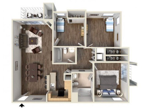 Floor plan for 3 beds, 2 baths, 1122 sqft